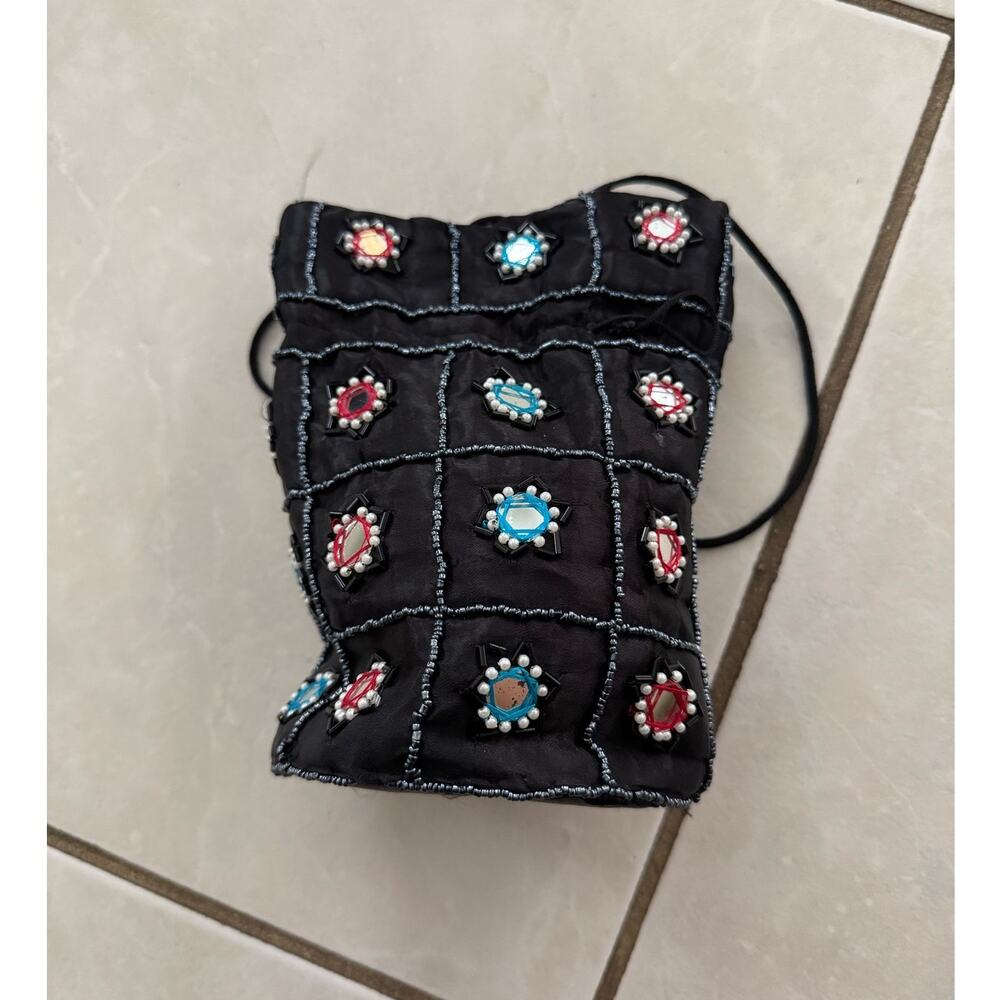 Black Beaded Event Drawstring Bucket Bag